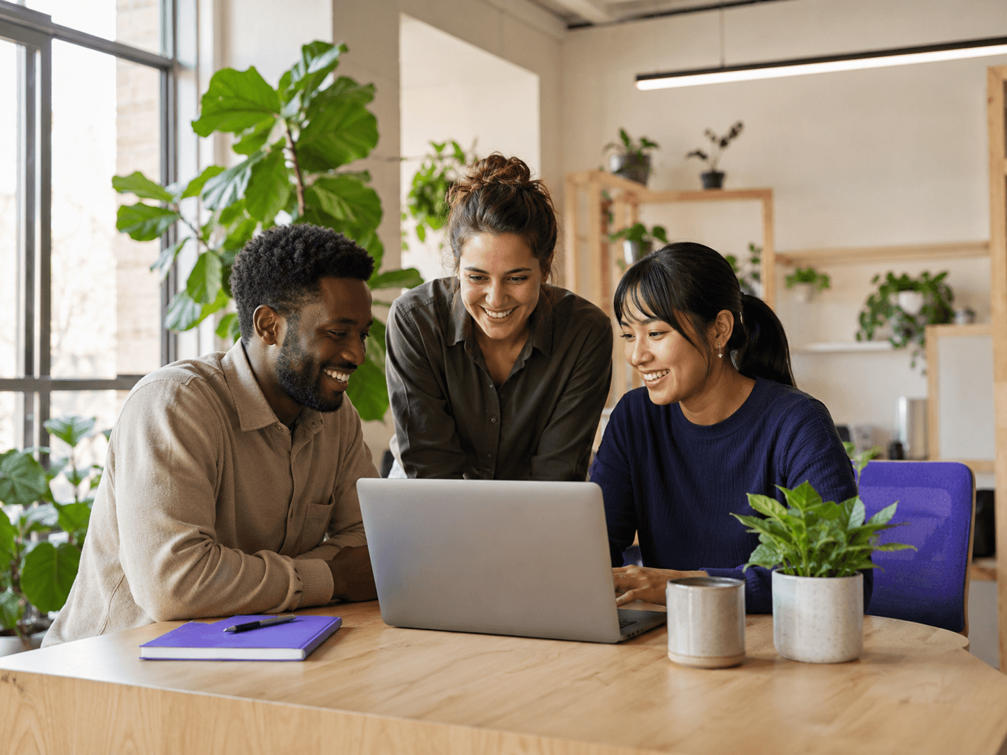 Plintio team collaborating around a laptop in a bright open office